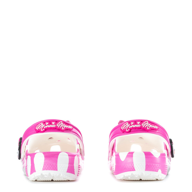 Kids' pink clog heel with Minnie Mouse print and ridged white outsole base