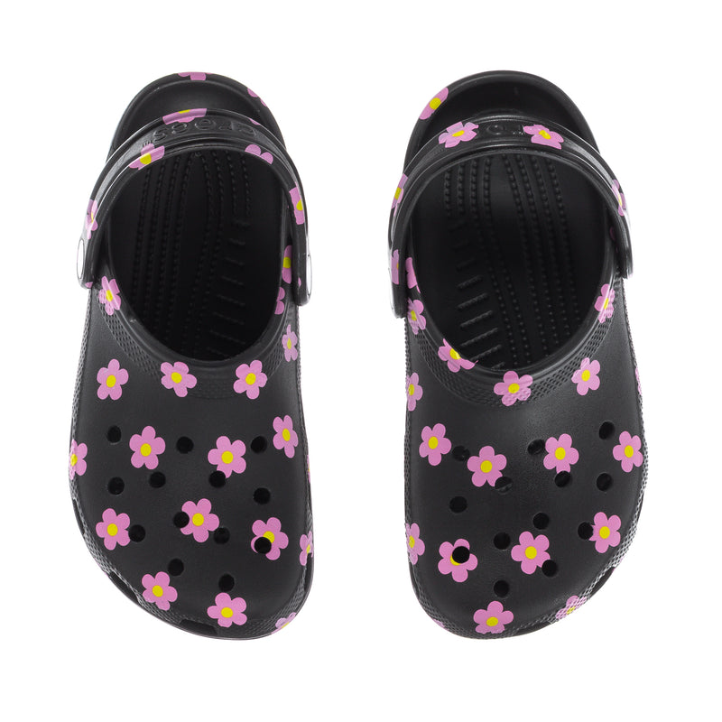 Kids' black clog with pink flower print, top openings with ventilation holes