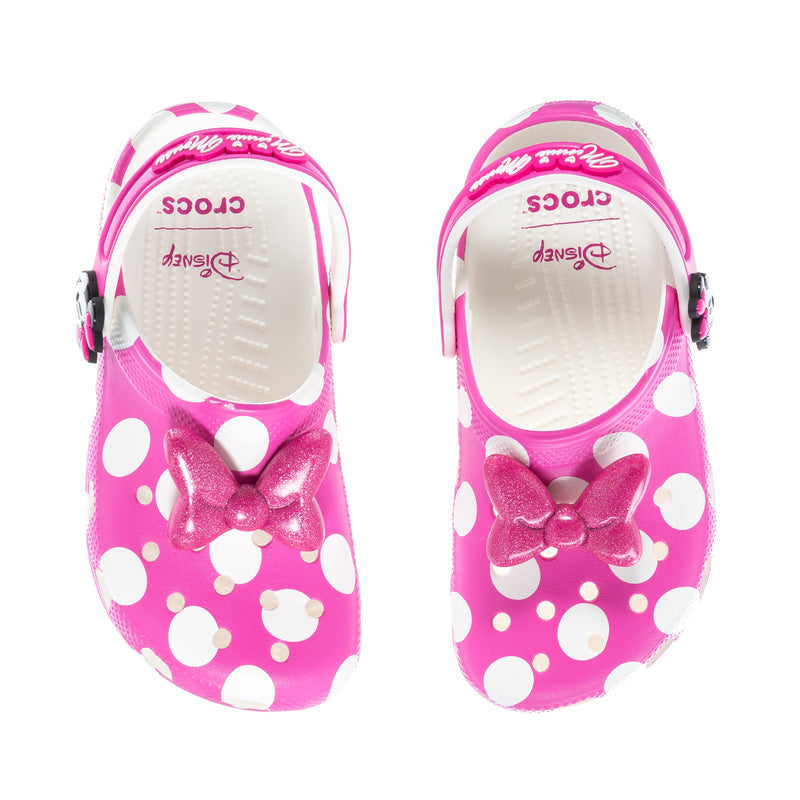 Kids' pink clog interior view with Minnie graphics and white speckled footbed