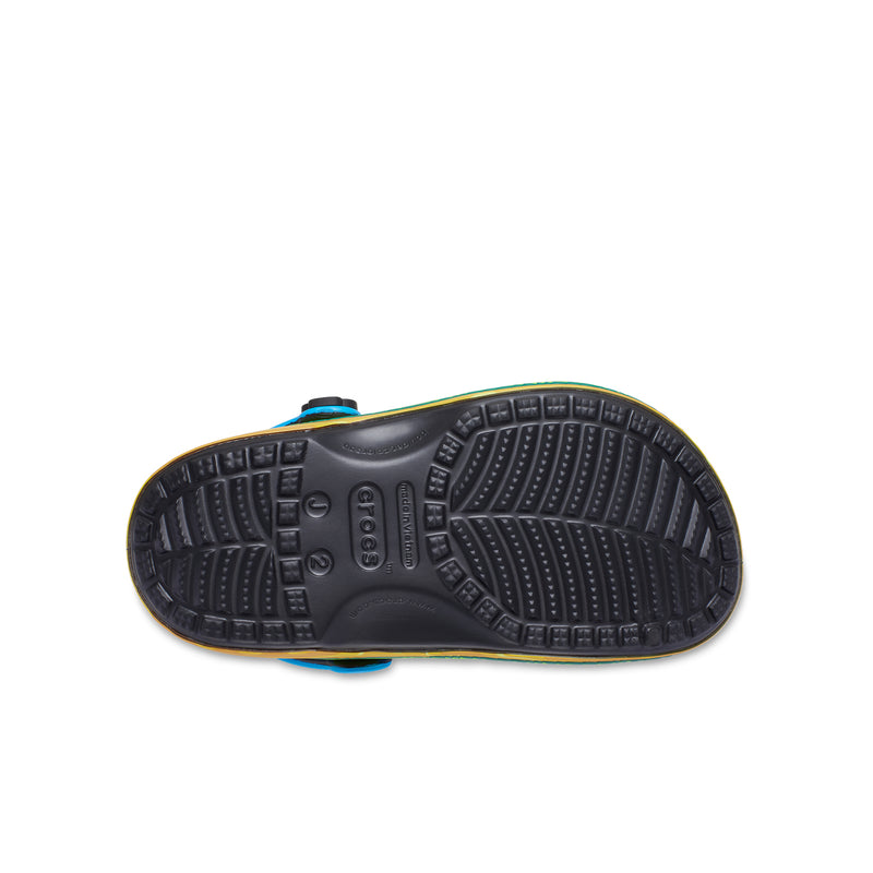 Kids clog outsole view with Crocs logo and textured grip tread