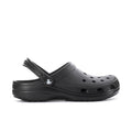 Black men's clog with perforations, adjustable heel strap, and textured rubber outsole