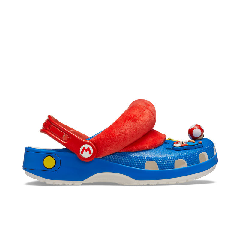 Men's blue and red clog with cartoon Mario-style charms and molded ventilation holes