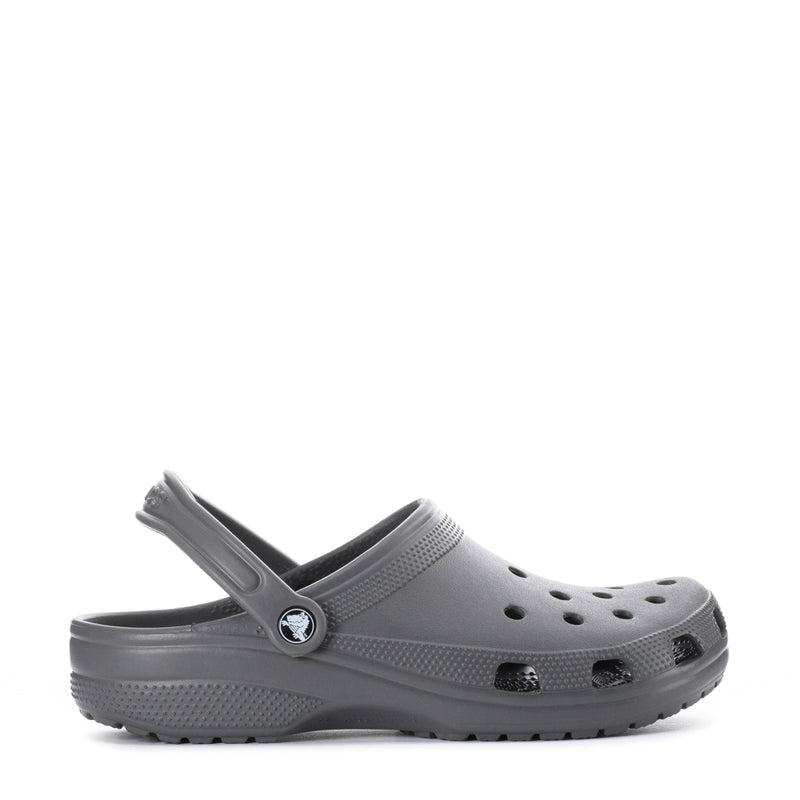 Men's slate grey classic clog with heel strap, vent holes, and side logo.