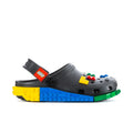 Men's black clog with LEGO-brick platform sole in yellow, blue, and green