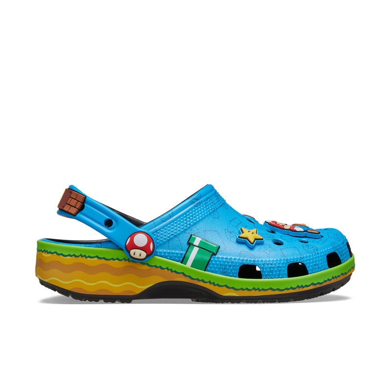Men's blue classic clog with molded vent holes and Super Mario graphics