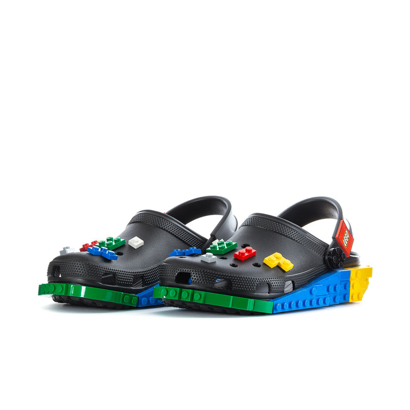 Men's black clog with LEGO block charms on top and colorful brick platform sole