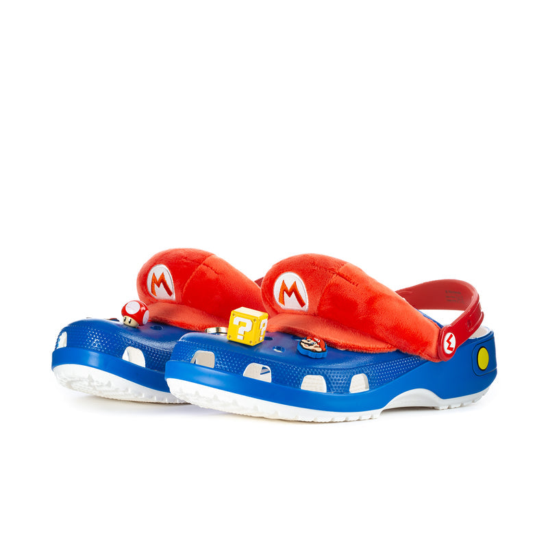 Men's red slip-on clogs with blue base, pair view, and cartoon face accents