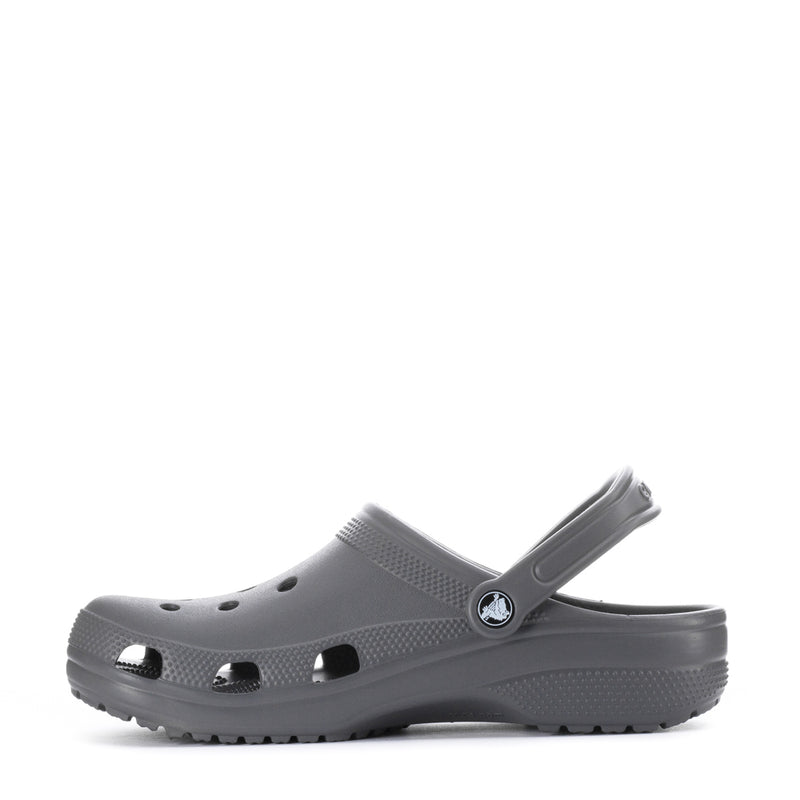 Men's slate grey classic clog side view with perforated design and heel strap.