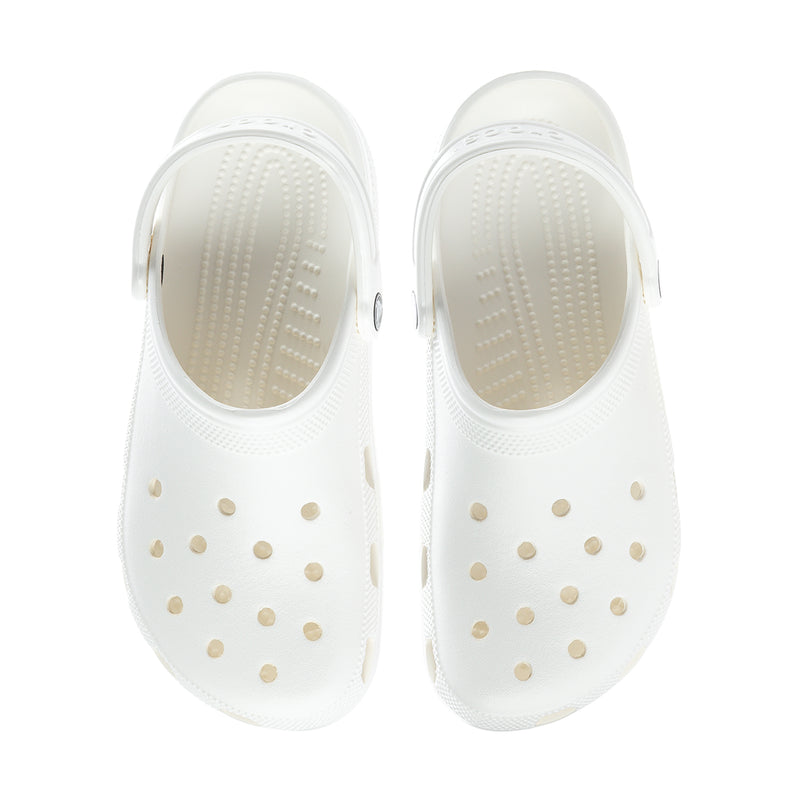 White men’s clog pair showing perforated top and molded footbed texture