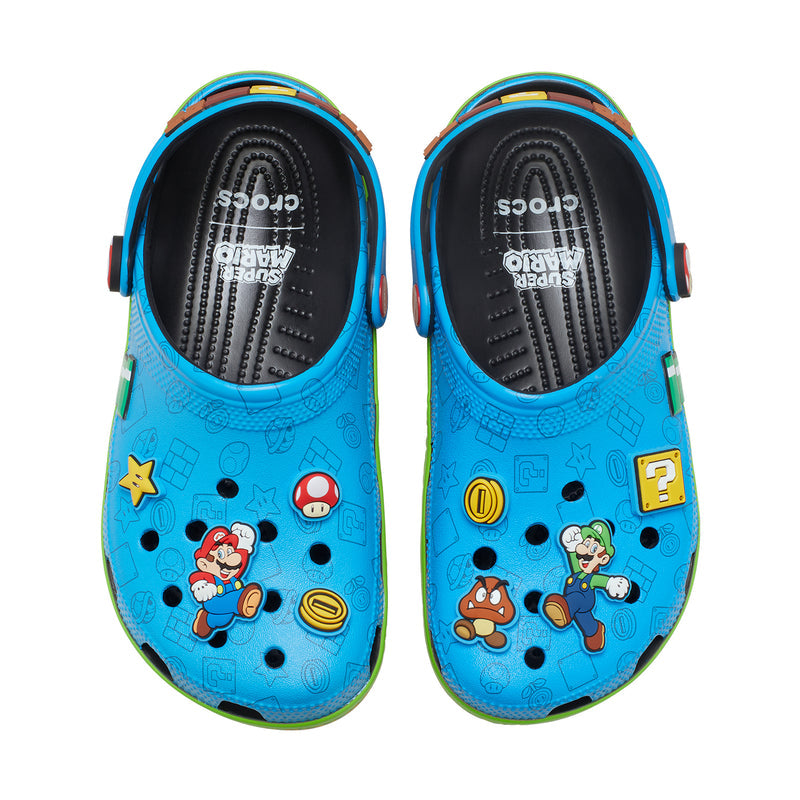 Men's blue classic clog, top view showing footbed with Super Mario character prints