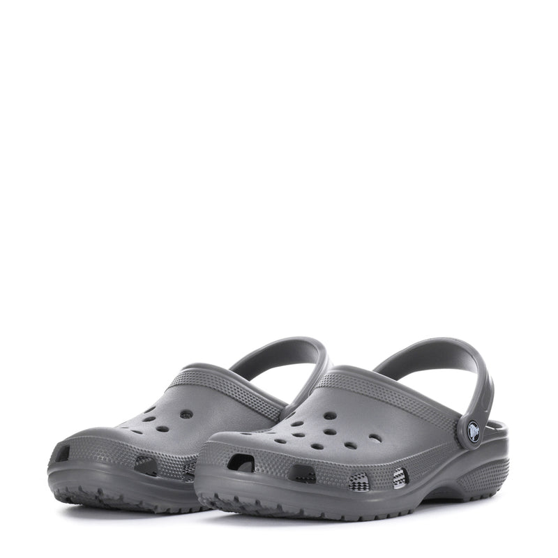 Pair of men's slate grey classic clogs with perforations and cushioned sole.