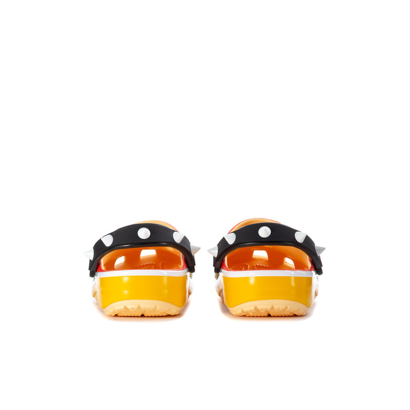 Men's classic clog back view: green upper, red strap, black heel tread, yellow sole.