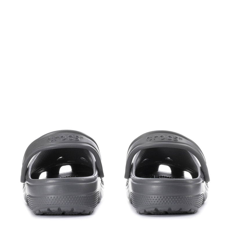 Men's slate grey classic clogs back view with heel openings and strap detail.