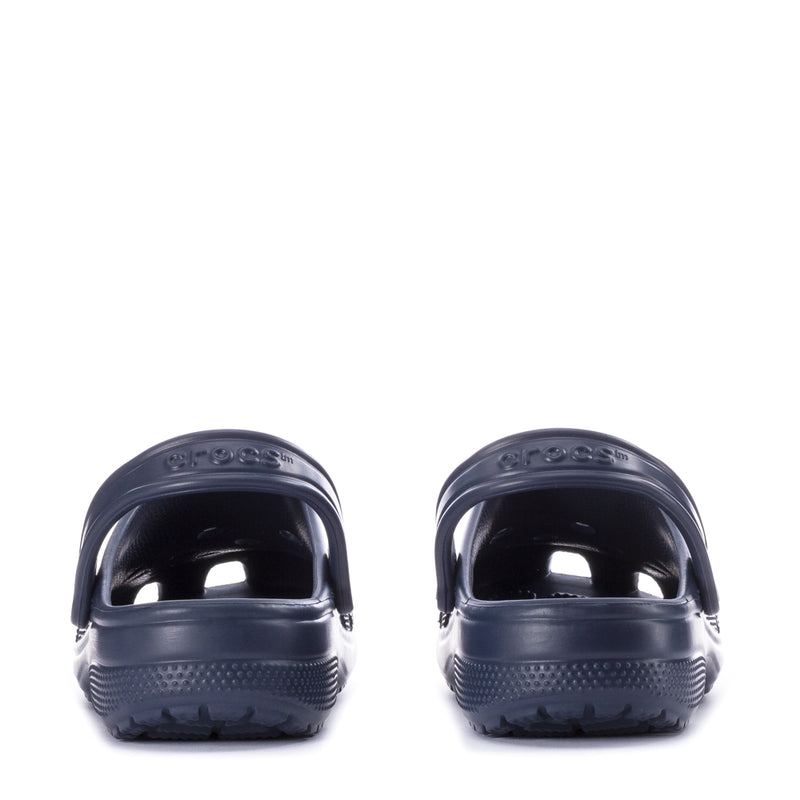Navy men’s clogs showing back openings and molded heel profile