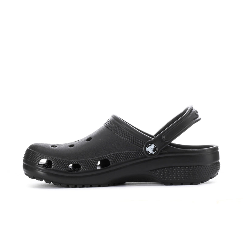 Black men's slip-on clog with heel strap, perforated panels, and chunky outsole