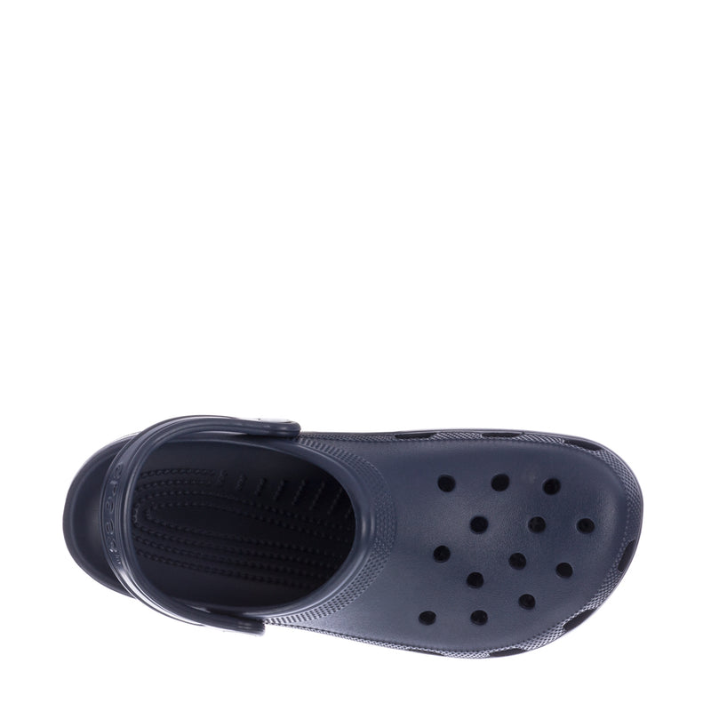 Navy men’s clog inside view with perforated footbed and open heel