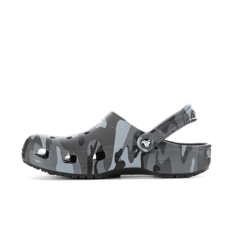 Men's camo clog side view with perforated holes and heel strap
