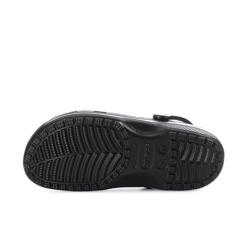 Black men's clog outsole with molded tread pattern underside