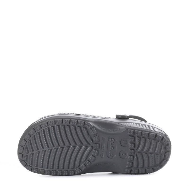 Men's classic clogs slate grey showing grippy rubber outsole tread.