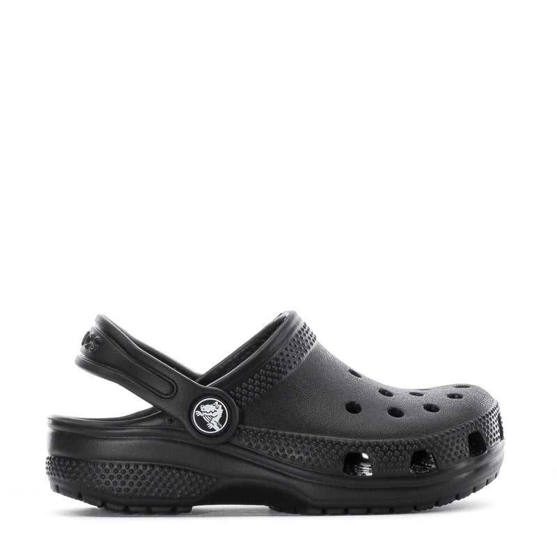 Black toddler clog with backstrap, round toe, and ventilation holes