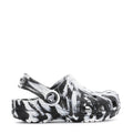 Toddler classic clog in black-and-white marble print, side vents and strap.