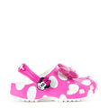 Toddler pink clog with Minnie graphic, bow accent, side profile