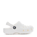 White toddler clog with round vent holes and side Crocs emblem
