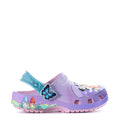 Purple toddler clog with glittery teal strap and butterfly logo, side view