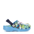 Toddler clog with Bluey character print, navy heel strap and light-blue sole.