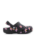 Toddler clog in black with pink flower print, adjustable strap and chunky tread