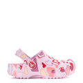 Toddler pink clog with heart and animal graphic print, round toe and side strap