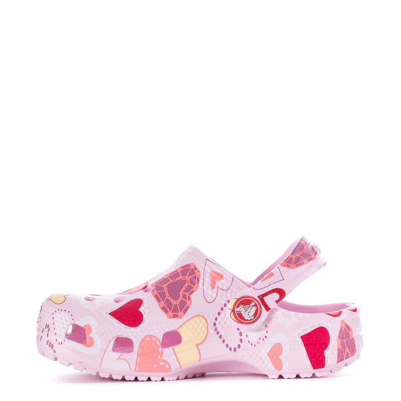 Toddler pink printed clog with hearts and icons, round toe, vented upper