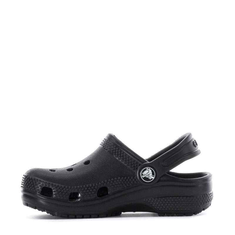 Black toddler clog showing side profile, back strap, and molded ventilation holes