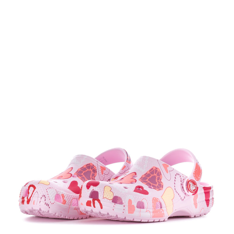Toddler pink printed clog with back strap detail and vented upper, heart and animal motifs
