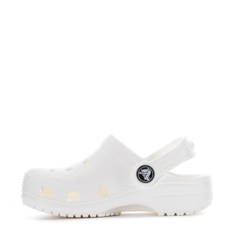 White toddler clog with cushioned sole and Crocs logo on strap