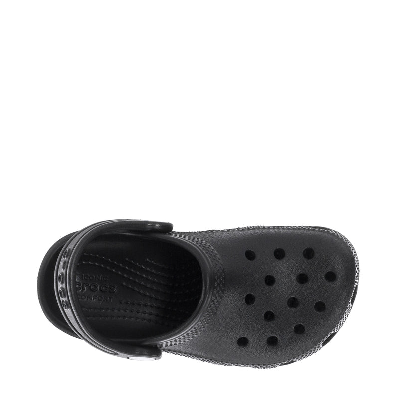 Black toddler clog open-toe view with molded footbed and ventilation holes