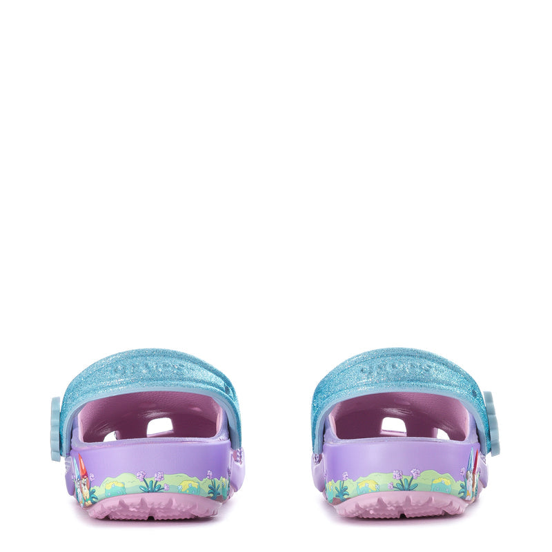 Purple toddler clogs with teal heel back and open rear, two-shoe view