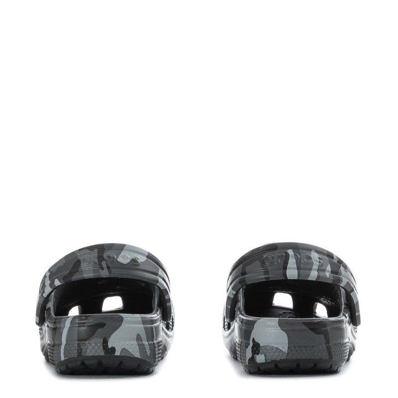 Toddler classic clog back view, gray/black camouflage with glossy heel area