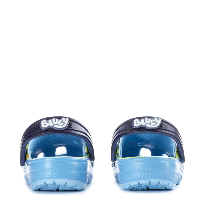 Toddler clogs, back view: navy heel with 'Bluey' label on light-blue backing.