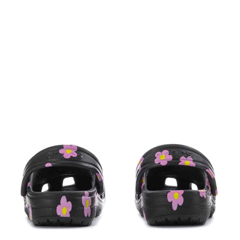 Toddler clog with pink flowers on black, back view of heel and strap