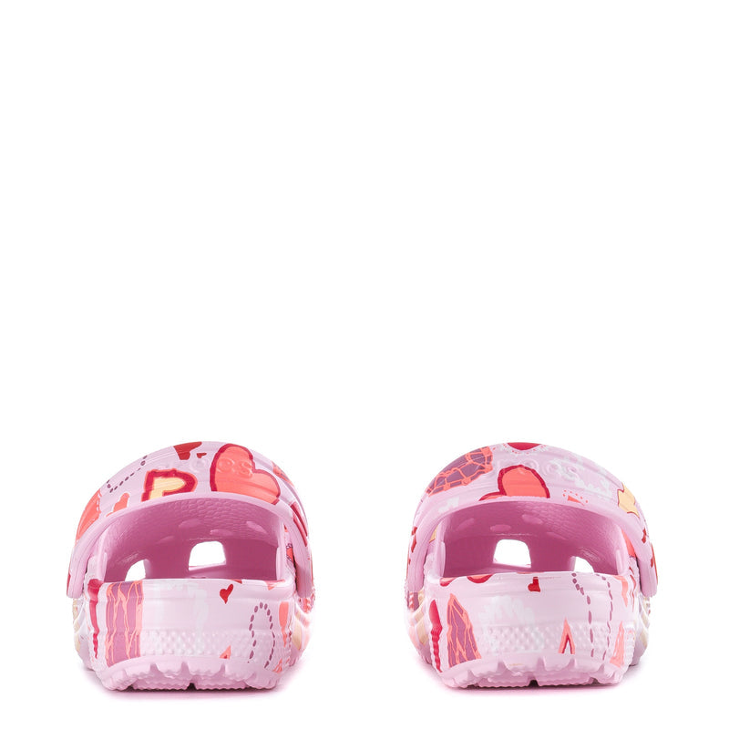 Toddler pink clog heel with heart pattern, vented back opening, round toe