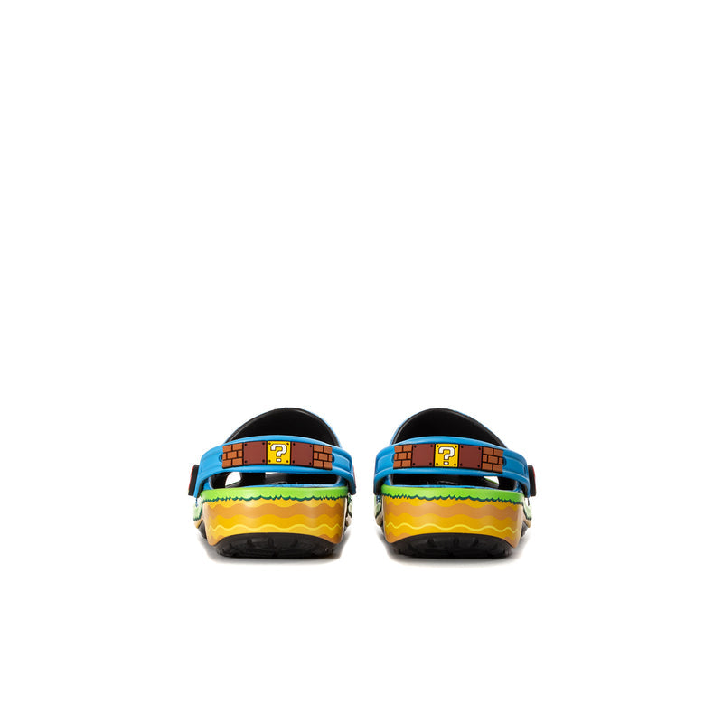 Toddler clog heels in blue with orange/green stripe trim and dark back openings
