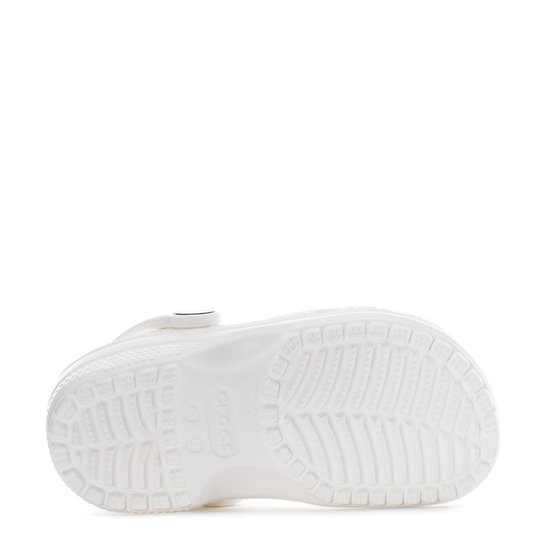 White toddler clog outsole tread view with grippy rubber pattern