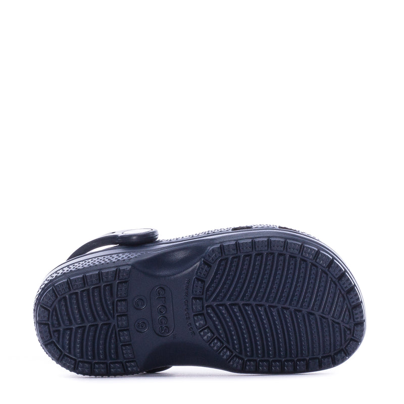 Navy toddler clog outsole with textured tread pattern