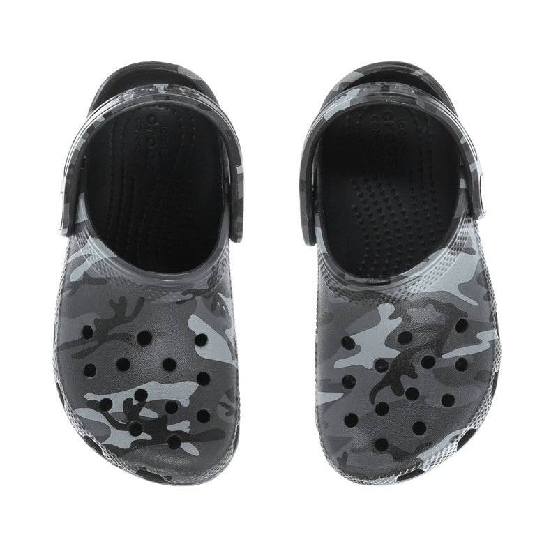 Toddler classic clog interior view, black footbed with camouflage upper