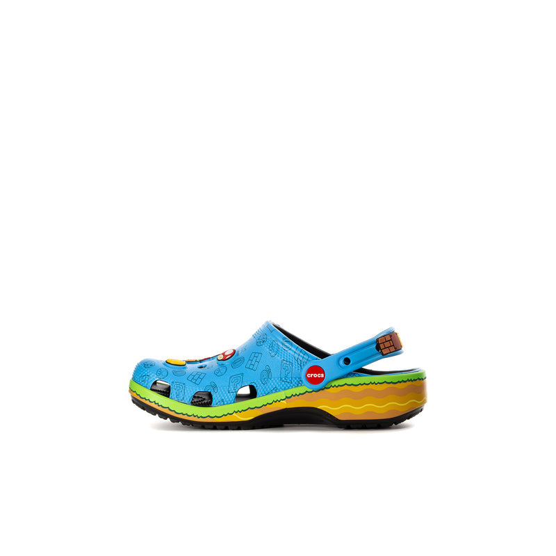 Toddler blue clog with Mario-style face graphics and green window details