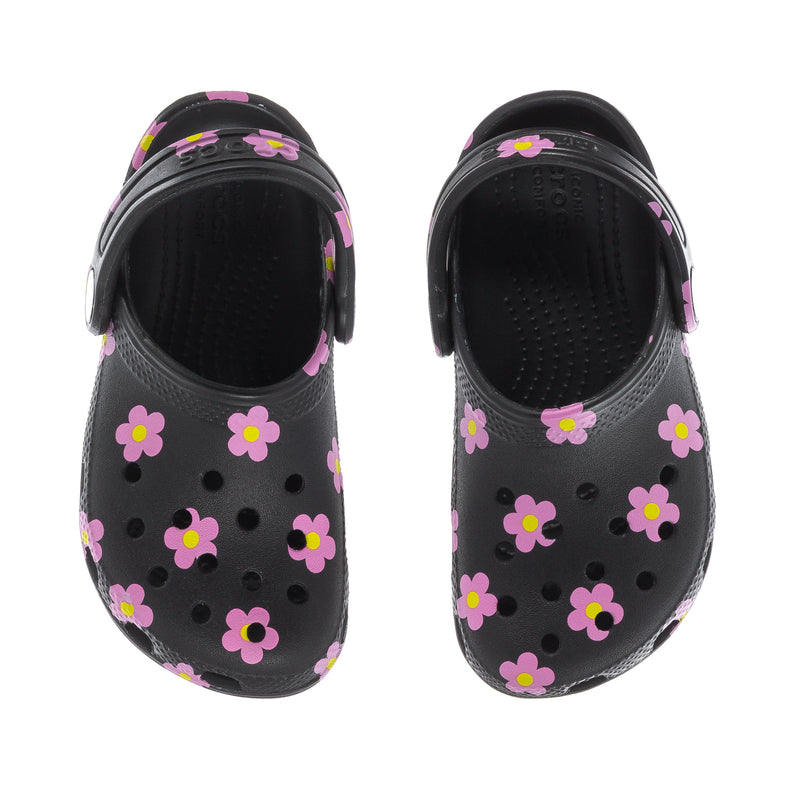 Toddler clog in black with pink flowers, front view showing open top