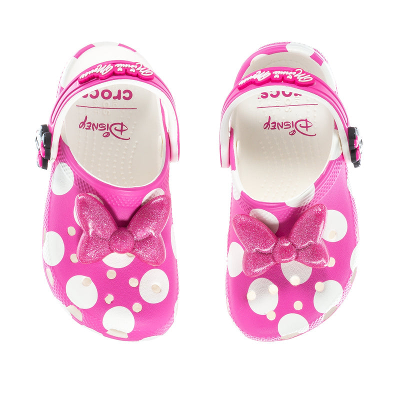 Toddler pink clog with bow detail and polka-dot pattern, back view