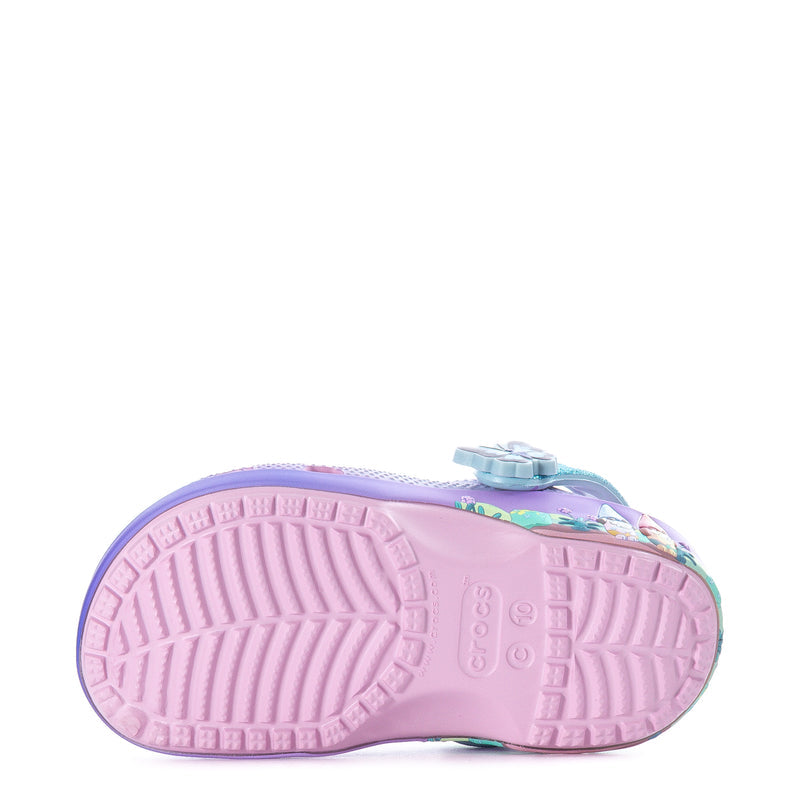 Purple toddler clogs with pink tread outsole and blue strap hardware, bottom view