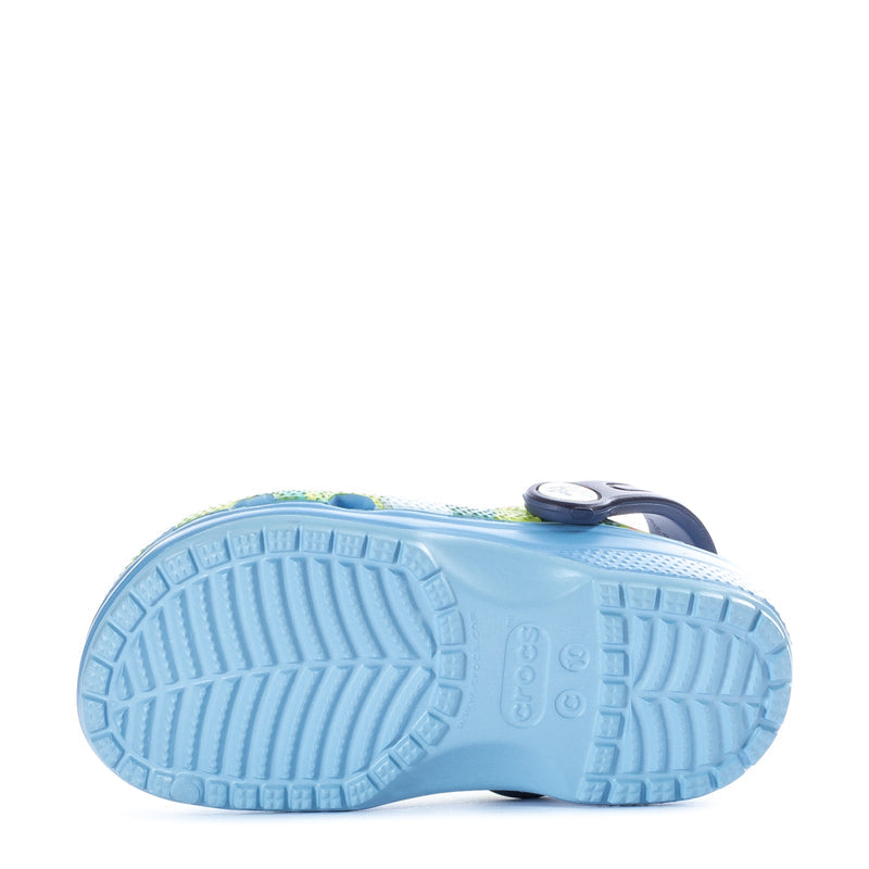 Toddler clog outsole, light-blue tread pattern on underside.